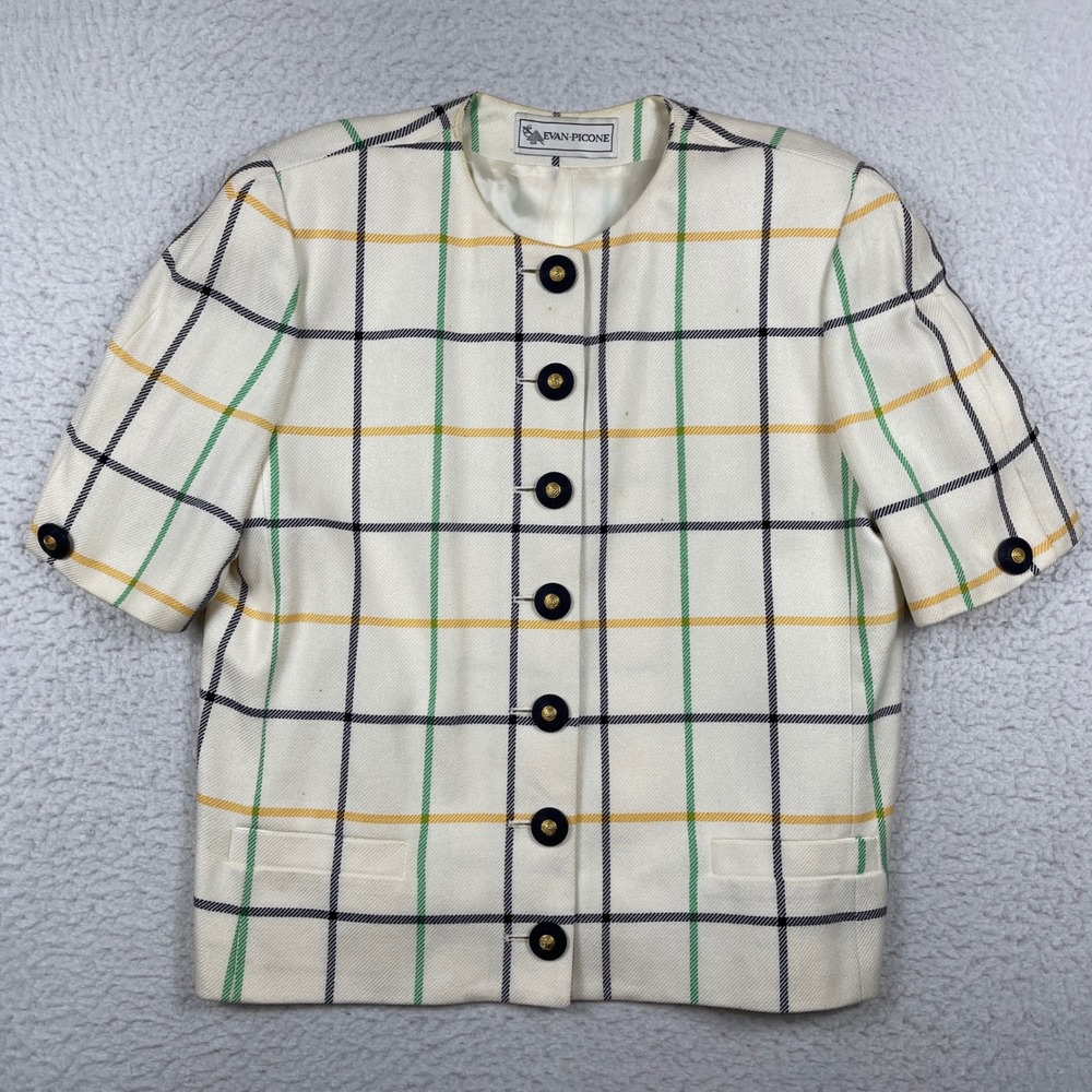 Evan-Picone Blazer Womens 16 White Plaid Short‎ Sleeve Vintage ILGWU USA Made